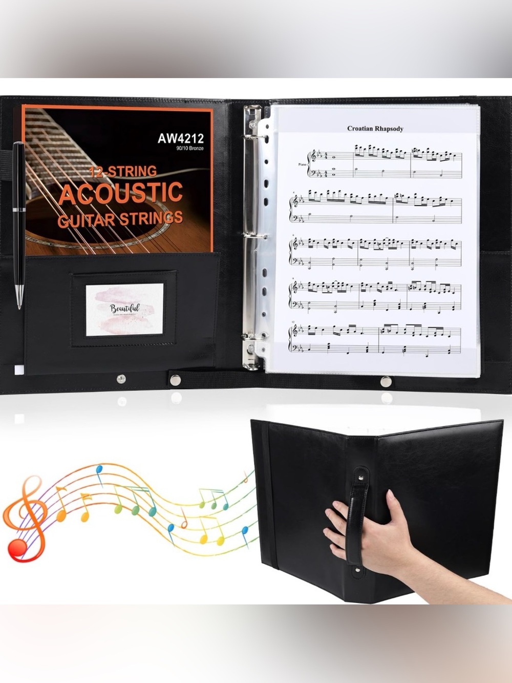 Professional Black Music Binder with Hand Strap and Sheet Protector